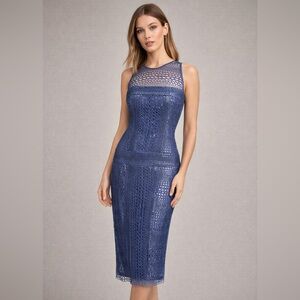Tadashi Shoji Blue Sequin Lace Illusion Sheath Dress Size 4